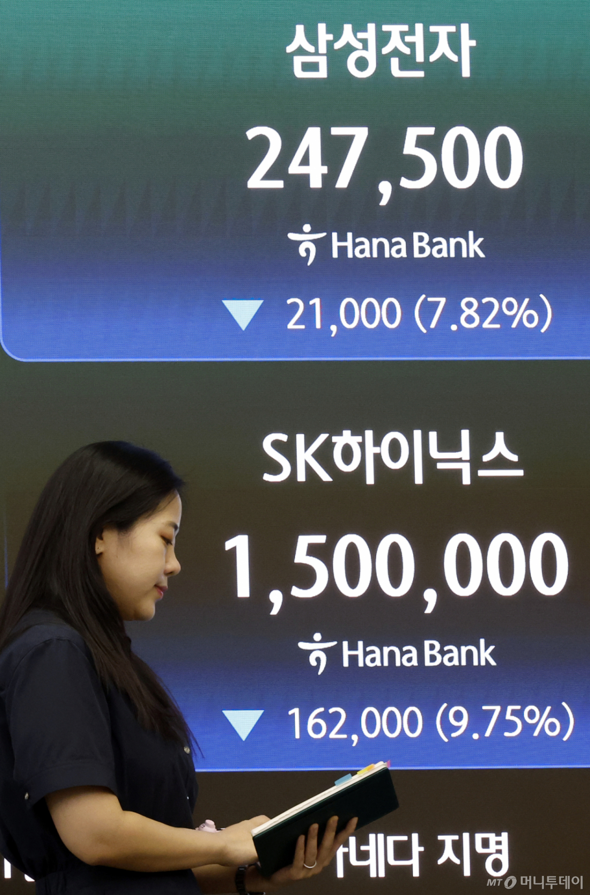 19일 오후 서울시 중구 하나은행 본점 딜링룸 전광판에 삼성전자와 SK하이닉스 종가가 표시되고 있다. 이날 코스피는 전 거래일 대비 398.66p(5.80%) 떨어진 6471.17, 코스닥은 9.74p(1.17%) 내린 824.46, 서울외환시장에서 달러·원 환율은 전일 오후 3시 30분 주간 종가보다 14.1원 내린 1397.7원을 기록했다. 2026.8.19/뉴스1 Copyright © 뉴스1. All rights reserved. 무단 전재 및 재배포, AI학습 이용 금지.