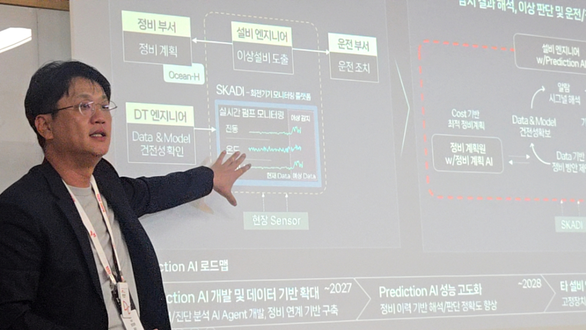 정창훈 울산CLX 제조AI팀장이 지난 10일 울산 남구 SK이노베이션 울산 콤플렉스(CLX)에서 듀얼 브레인에 대해 설명하고 있다./사진=박한나 기자 