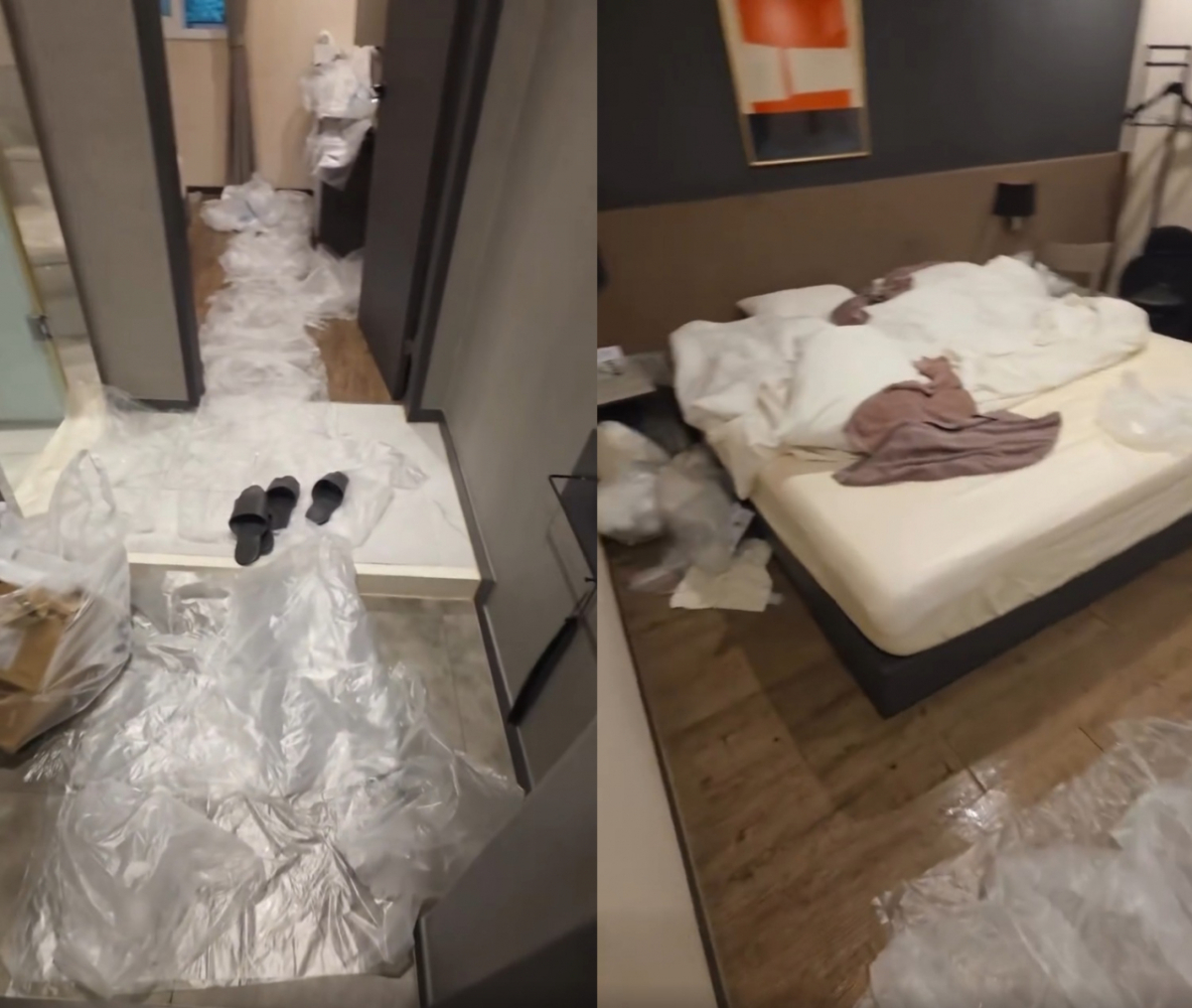 장기 투숙객이 쓰던 객실이 엉망이 됐다는 부산 숙박업소 사장의 사연이 전해졌다. /사진=스레드(@no.25hotel_hadan) 갈무리