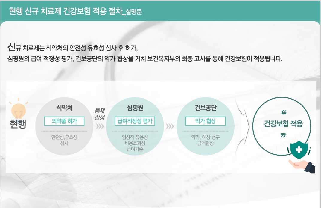 현행 신약(신규 치료제)의 건강보험 적용 절차. 신약의 해외 출시 기준으로 47개월, 식품의약품안전처 허가 기준으로 23개월이 소요된다. /자료=한국글로벌의약산업협회