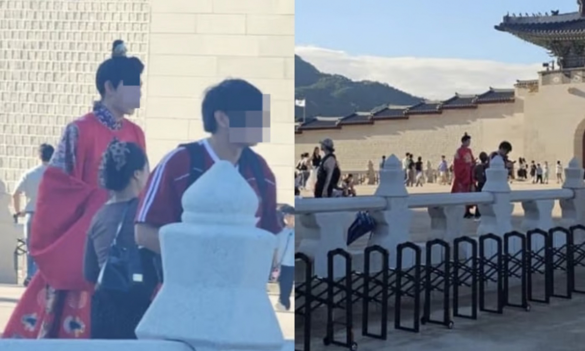 서울 경복궁에서 중국 황제를 연상시키는 의상을 입고 돌아다니는 관광객의 사진과 영상이 SNS(소셜미디어)에 확산했다. /사진=스레드 