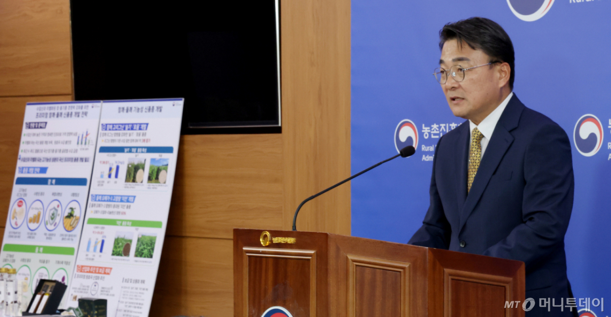 (세종=뉴스1) 김기남 기자 = 김병석 농촌진흥청 국립식량과학원장이 16일 세종시 정부세종청사 농림축산식품부에서 참기름과 들기름의 프리미엄 가치를 세계에 알리기 위해 기능성과 수량성 그리고 재배편의성을 획기적으로 높인 참깨 신품종 '슬기'와 '로움' 그리고 들깨 신품종 '지안' 개발 내용을 발표하고 있다. 2026.9.16/뉴스1 Copyright © 뉴스1. All rights reserved. 무단 전재 및 재배포, AI학습 이용 금지. /사진=(세종=뉴스1) 김기남 기자