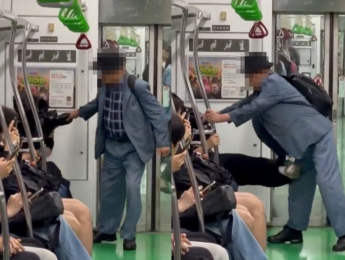 서울 지하철 2호선에서 노약자석에 앉은 여성과 자리 양보를 요구한 노인이 몸싸움을 벌이는 영상이 확산해 논란이 일고 있다. /사진=스레드 캡처