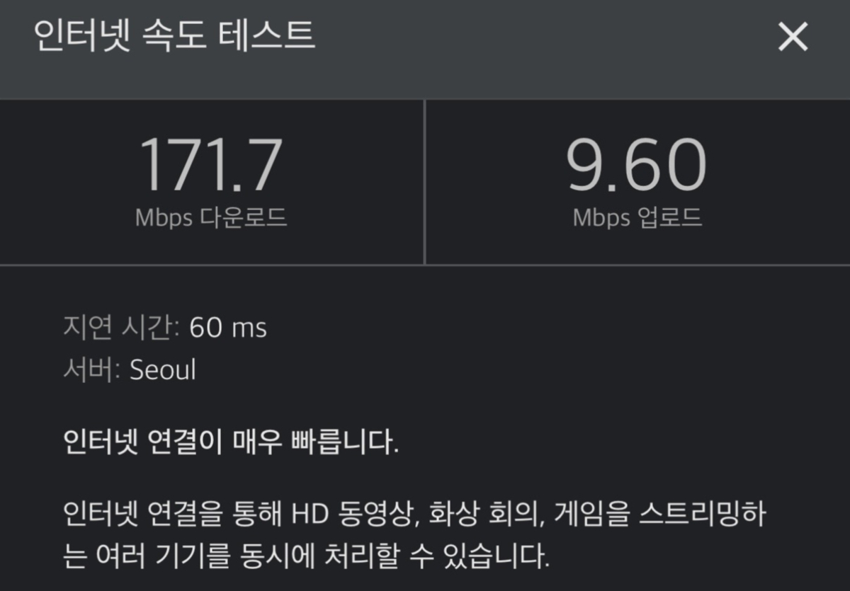 인터넷 속도 테스트에서 171.7에 달하는 Mbps를 기록했다./사진= 임찬영 기자