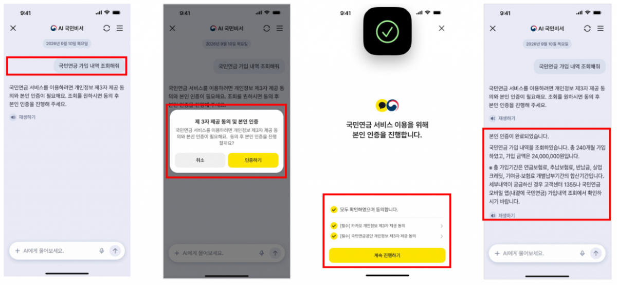 'AI 국민비서' 플랫폼을 통해 국민연금공단 서비스로 연결되는 과정./사진제공=국민연금공단