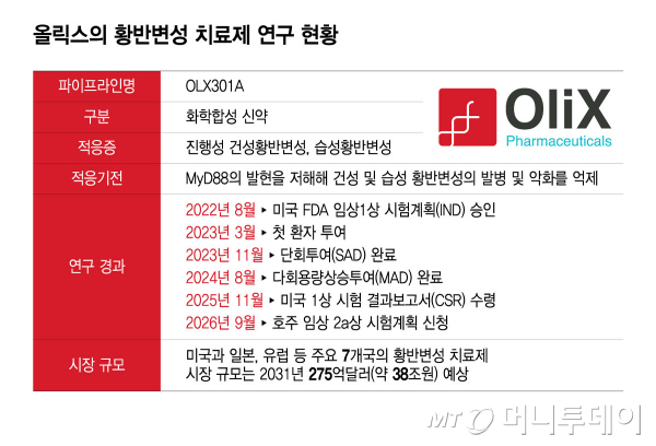 올릭스의 황반변성 치료제 연구 현황/그래픽=윤선정