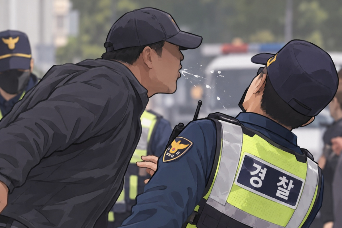 교통 통제하던 경찰관의 얼굴을 향해 침을 머금고 말해 침이 튀게 한 행위도 '침을 뱉은 것'에 해당한다는 법원 판단이 나왔다. 기사 이해를 돕기 위해 AI(인공지능)가 생성한 이미지./사진=챗GPT