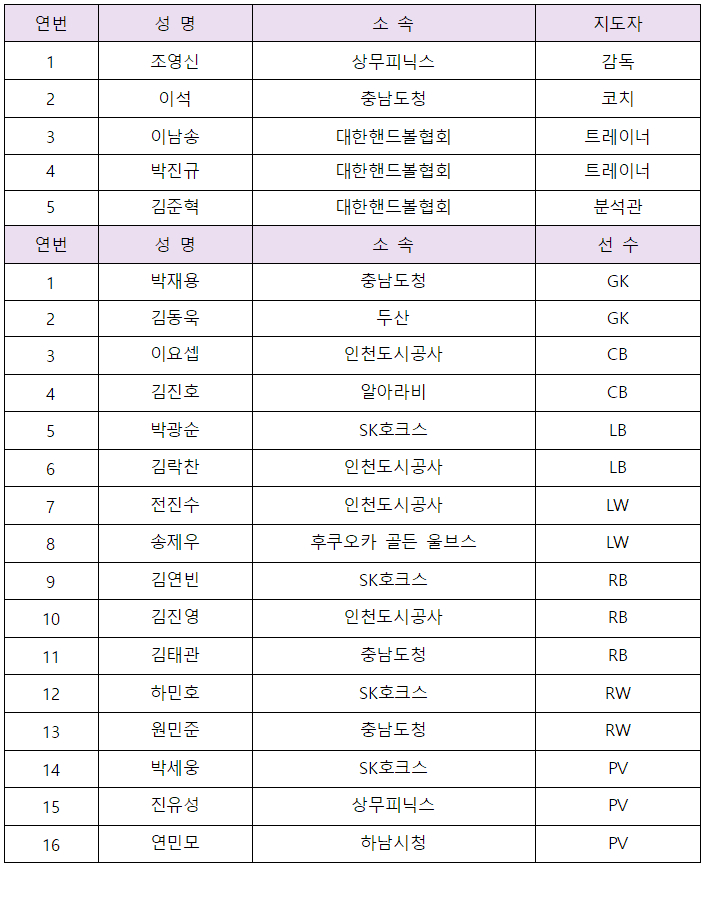 제20회 아이치·나고야 아시안게임 남자 핸드볼 대한민국 대표팀 명단. /표=대한핸드볼협회 제공