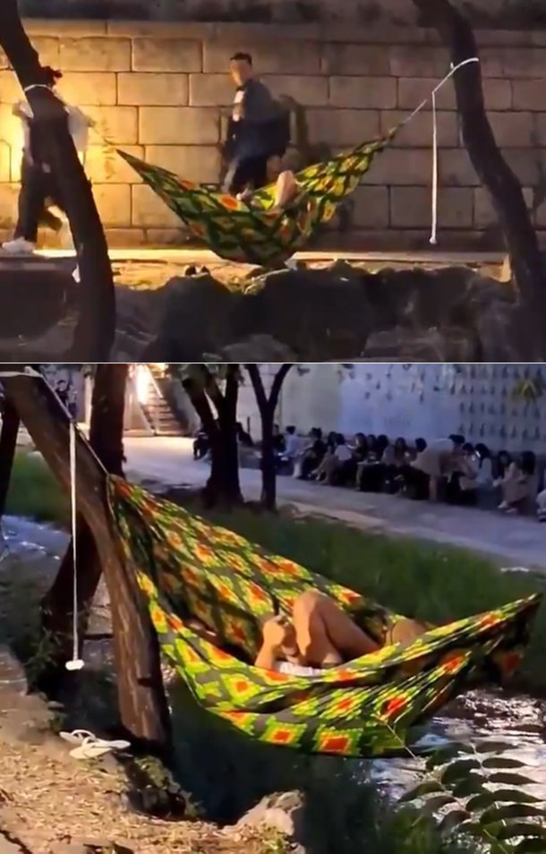 청계천에서 해먹을 치고 누워서 휴식을 취한 시민의 영상이 SNS에서 화제가 되고 있다. /사진=SNS 영상 캡쳐
