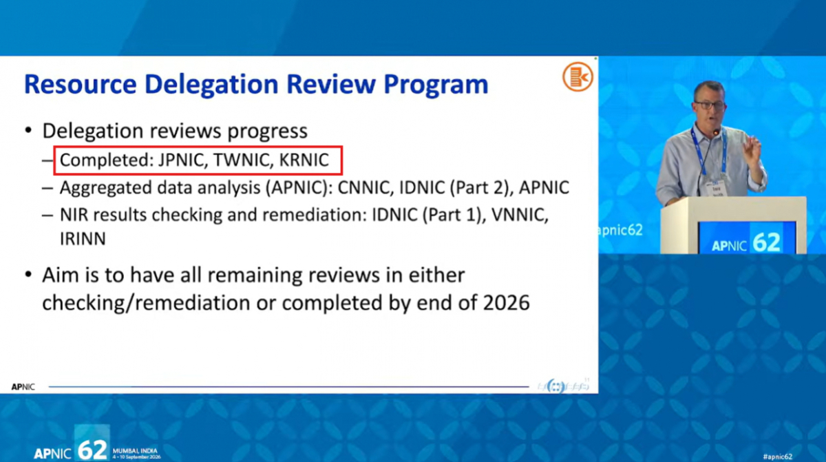 10일 인도 뭄바이에서 열린 아·태지역 인터넷주소관리기구(APNIC) 제62차 회원회의(APNIC 62) 활동 보고에서 한국인터넷진흥원(KISA)의 한국인터넷정보센터(KRNIC)가 ‘인터넷주소자원 관리 실태 점검’ 완료 기관으로 소개됐다./사진=APNIC 공식 유튜브 영상 캡처