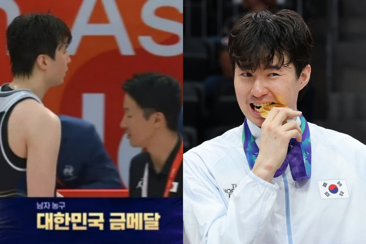 한국 남자농구 대표팀의 에이스 이현중이 2026 아이치·나고야 아시안게임 결승에서 일본을 꺾고 금메달을 목에 건 가운데 경기 후 일본 벤치를 찾아 먼저 악수를 건넨 모습이 눈길을 끌었다. 사진은 금메달 확정 후 일본 코치와 악수하는 이현중의 모습, 금메달을 목에 건 이현중의 모습. /사진=MBC 중계화면 캡처, 뉴스1