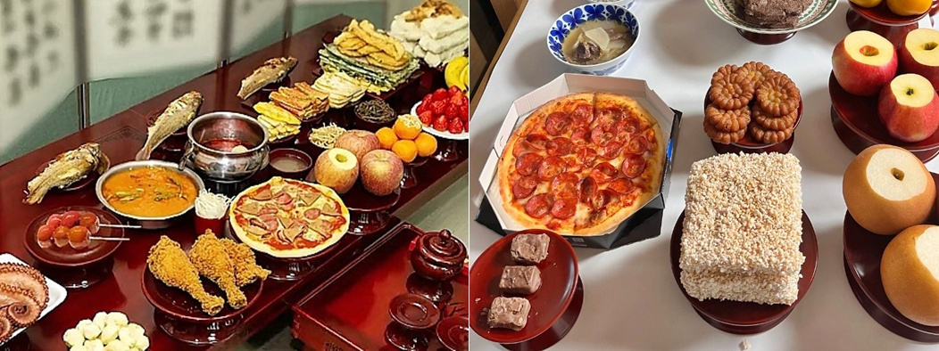 명절 차례상에 피자와 치킨, 마라탕, 탕후루, 초코바 등이 올라간 모습./사진=SNS, 온라인 커뮤니티