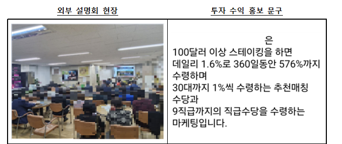 외부 설명회 현장 및 투자 수익 홍보 문구. /사진제공=금융감독원