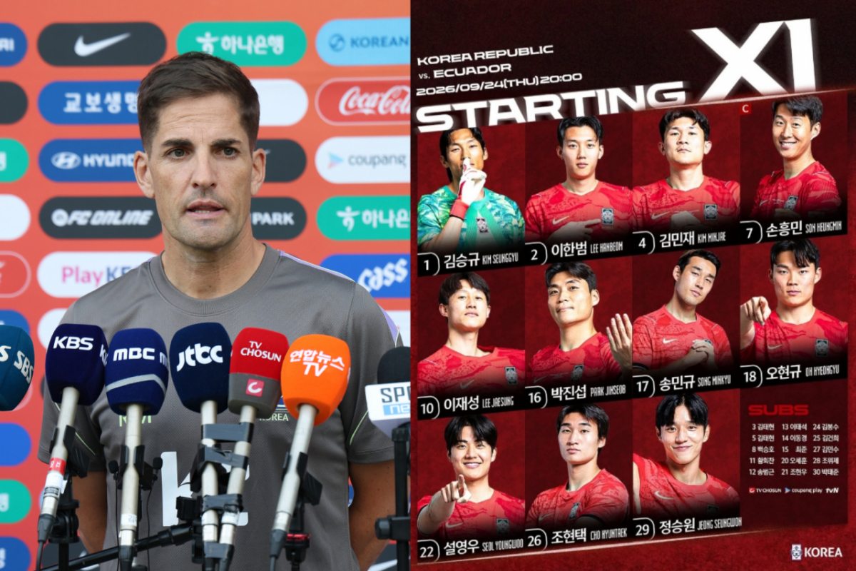 로베르트 모레노(스페인) 감독이 대한민국 축구 대표팀 데뷔전에서 정승원과 송민규를 깜짝 선발로 내세웠다. 대표팀의 핵심 자원으로 꼽히던 이강인은 명단에서 제외됐다. 사진은 로베르트 모레노 감독, 에콰도르전 선발 라인업. /사진=뉴스1, KFA 공식 인스타그램 캡처