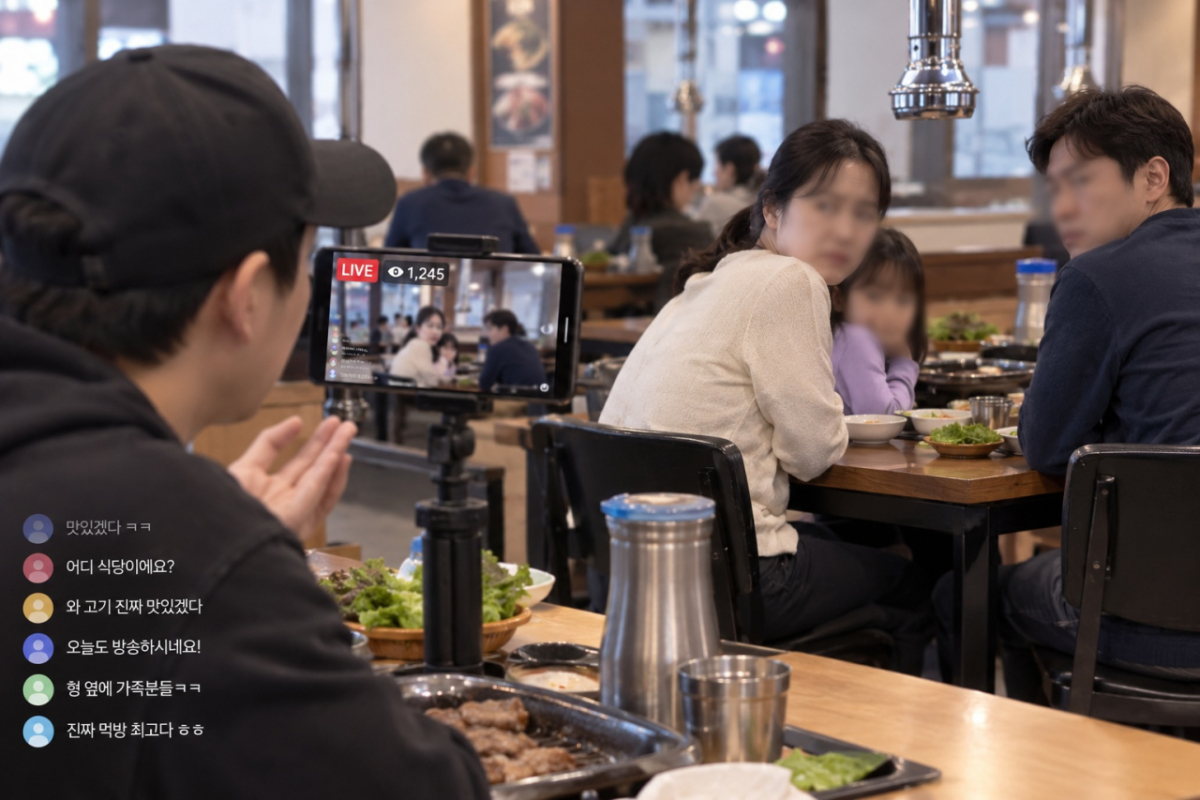 식당에서 식사하던 손님이 옆 테이블에서 진행된 유튜버의 생방송에 얼굴이 노출됐다며 초상권 침해 피해를 호소했다. 기사 이해를 돕기 위해 AI(인공지능)가 생성한 이미지./사진=챗GPT