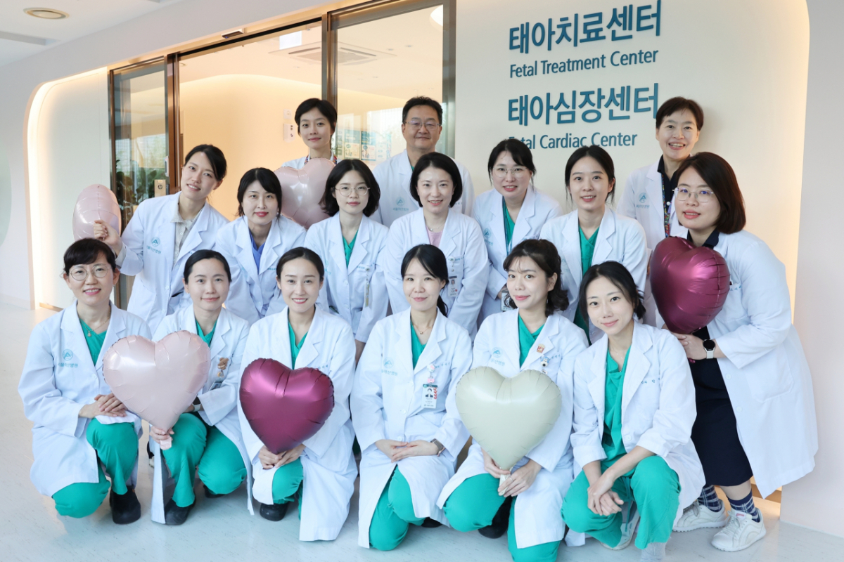 서울아산병원은 태아 심장질환을 전담으로 진료하는 태아심장센터를 9월23일 개소했다. 이미영 태아심장센터소장, 원혜성 태아치료센터소장(뒷줄 왼쪽 첫 번째, 세번째)을 비롯한 의료진이 태아심장센터 개소를 기념하며 촬영하고 있다. /사진=서울아산병원