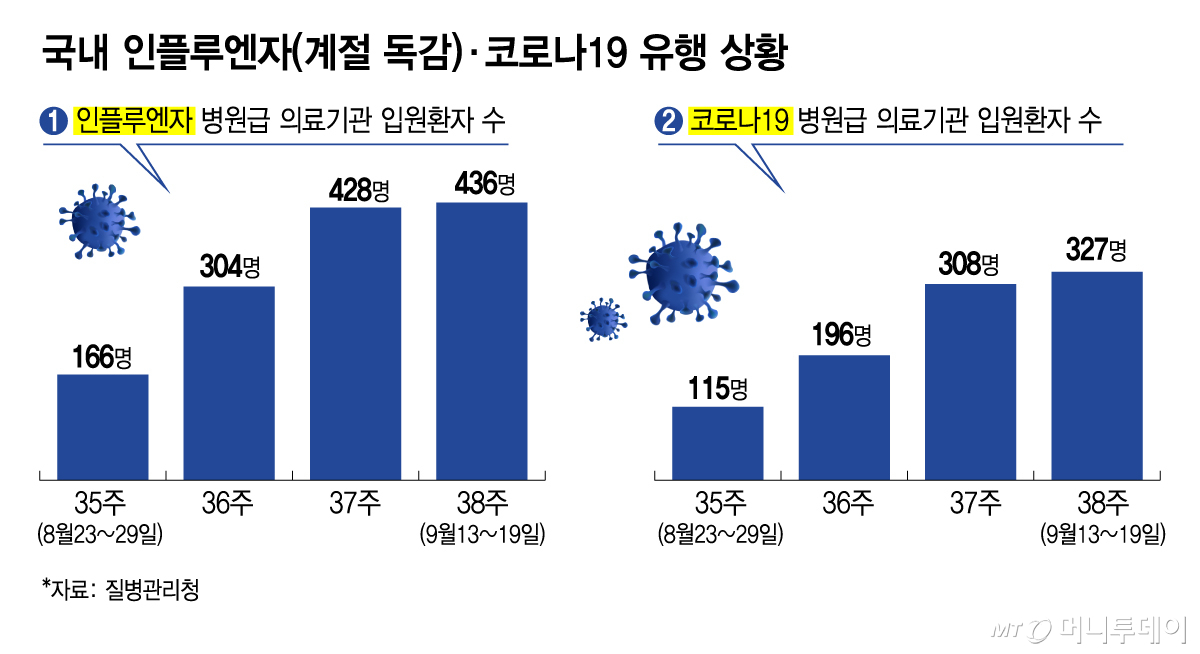 국내 인플루엔자(계절 독감)·코로나19 유행 상황/그래픽=김지영