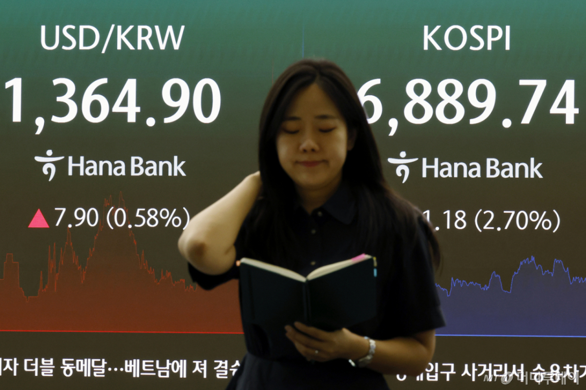 (서울=뉴스1) 박정호 기자 = 28일 오후 서울시 중구 하나은행 본점 딜링룸 전광판에 코스피 등 종가가 표시되고 있다. 이날 코스피는 전 거래일 대비 191.18포인트(2.70%) 내린 6889.74, 코스닥은 2.10포인트(0.25%) 오른 846.58, 서울외환시장에서 달러·원 환율은 지난 25일 오후 3시 30분 주간거래 종가보다 7.6원 오른 1365.1원을 기록했다. 2026.9.28/뉴스1 Copyright © 뉴스1. All rights reserved. 무단 전재 및 재배포, AI학습 이용 금지. /사진=(서울=뉴스1) 박정호 기자