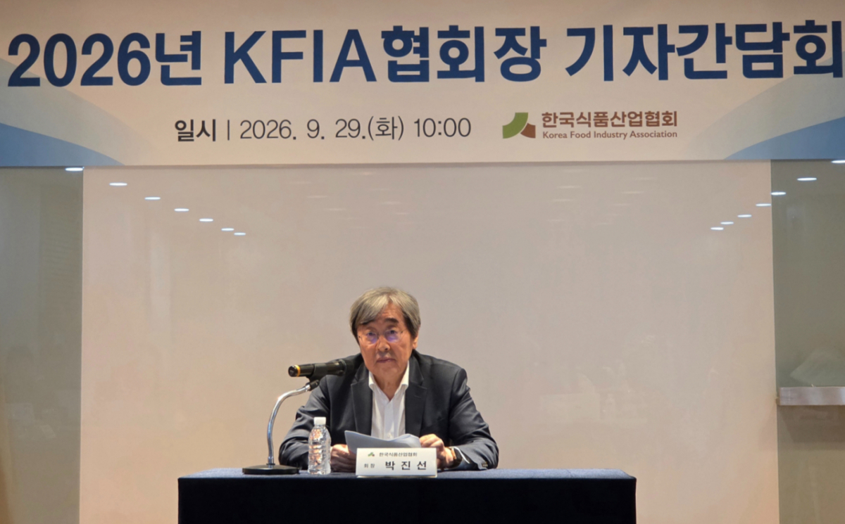 박진선 한국식품산업협회장이 29일 오전 서울 서초구에 위치한 식품산업협회 사무실에서 취임1주년 기자간담회를 진행하는 모습./사진=차현아 기자.