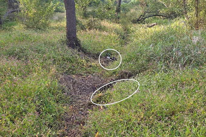 지난 21일 비무장지대(DMZ)에서 발생한 폭발 사고 합동 현장조사 중간 발표 사진. 사진 내 흰 원은 지난 21일 지뢰 폭발이 발생한 곳이다. /사진제공=합동참모본부