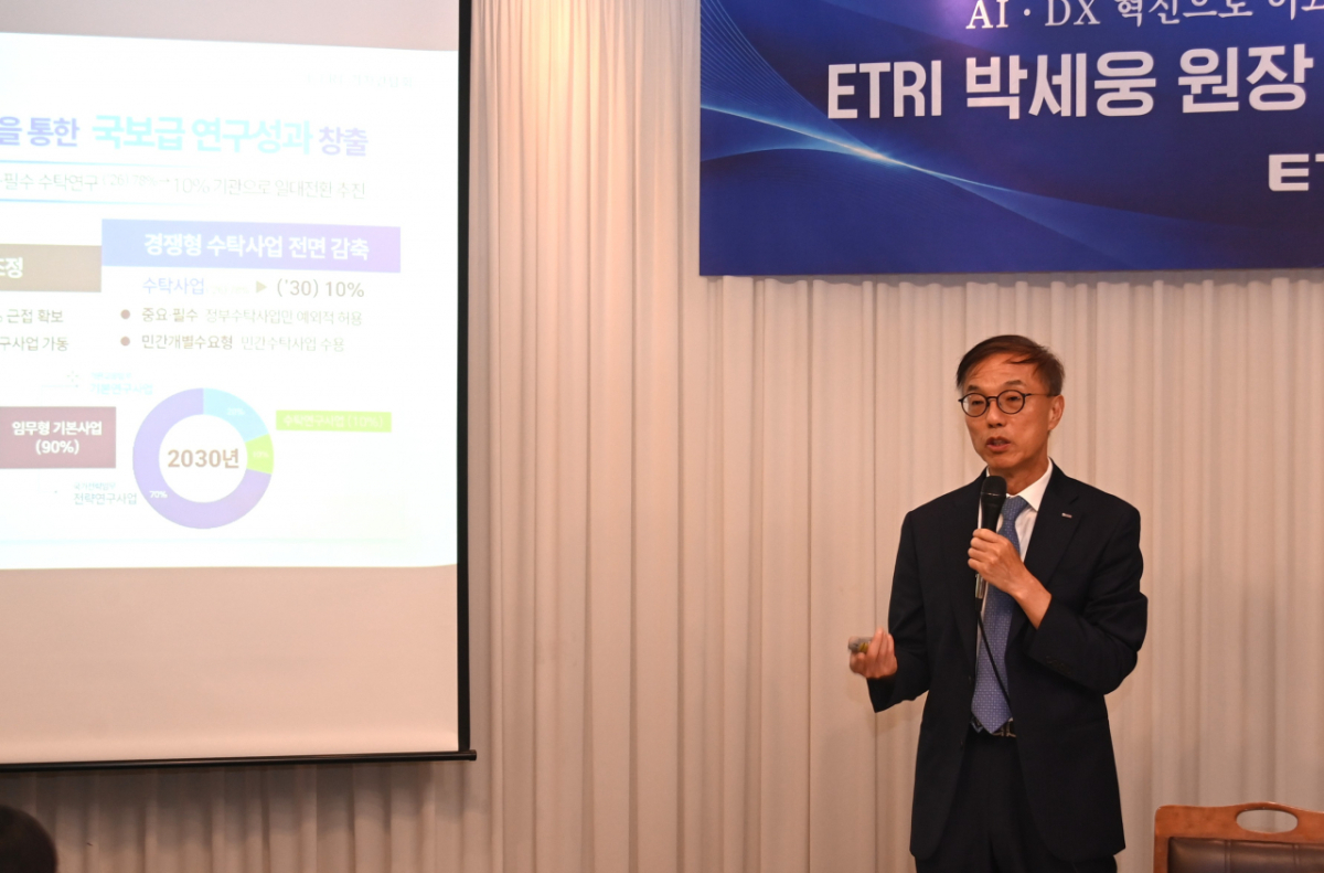 30일 서울 종로구에서 열린 ETRI 기자간담회에서 발언하는 박세웅 원장 /사진=ETRI