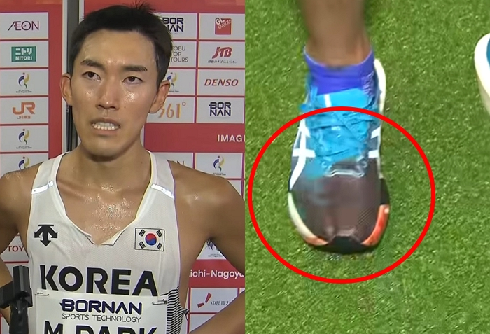 아이치·나고야 아시안게임에 출전한 한국 마라톤 선수 박민호(국군체육부대)가 발바닥이 찢어지는 부상에도 42.195㎞를 완주했다. 결승선을 통과한 그의 운동화는 피로 물들어 있었다./사진=KBS 유튜브 채널 '올스'