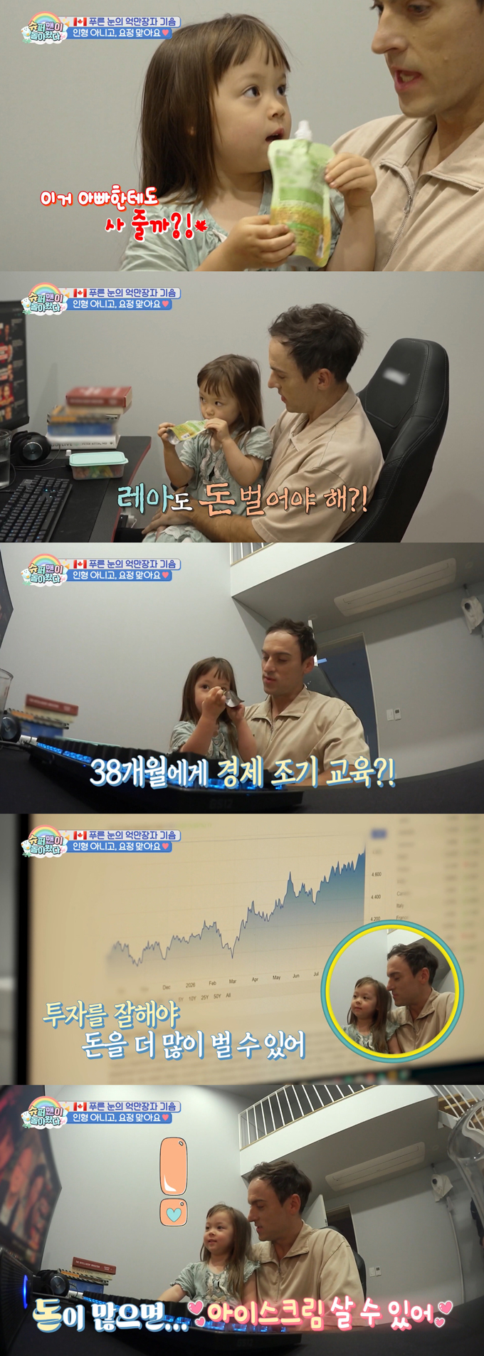 캐나다 프로게이머 출신 방송인 겸 전업 투자자 기욤 패트리가 38개월 된 딸 레아 양에게 '투자'에 대해 알려줬다. /사진=KBS2 '슈퍼맨이 돌아왔다' 방송 화면