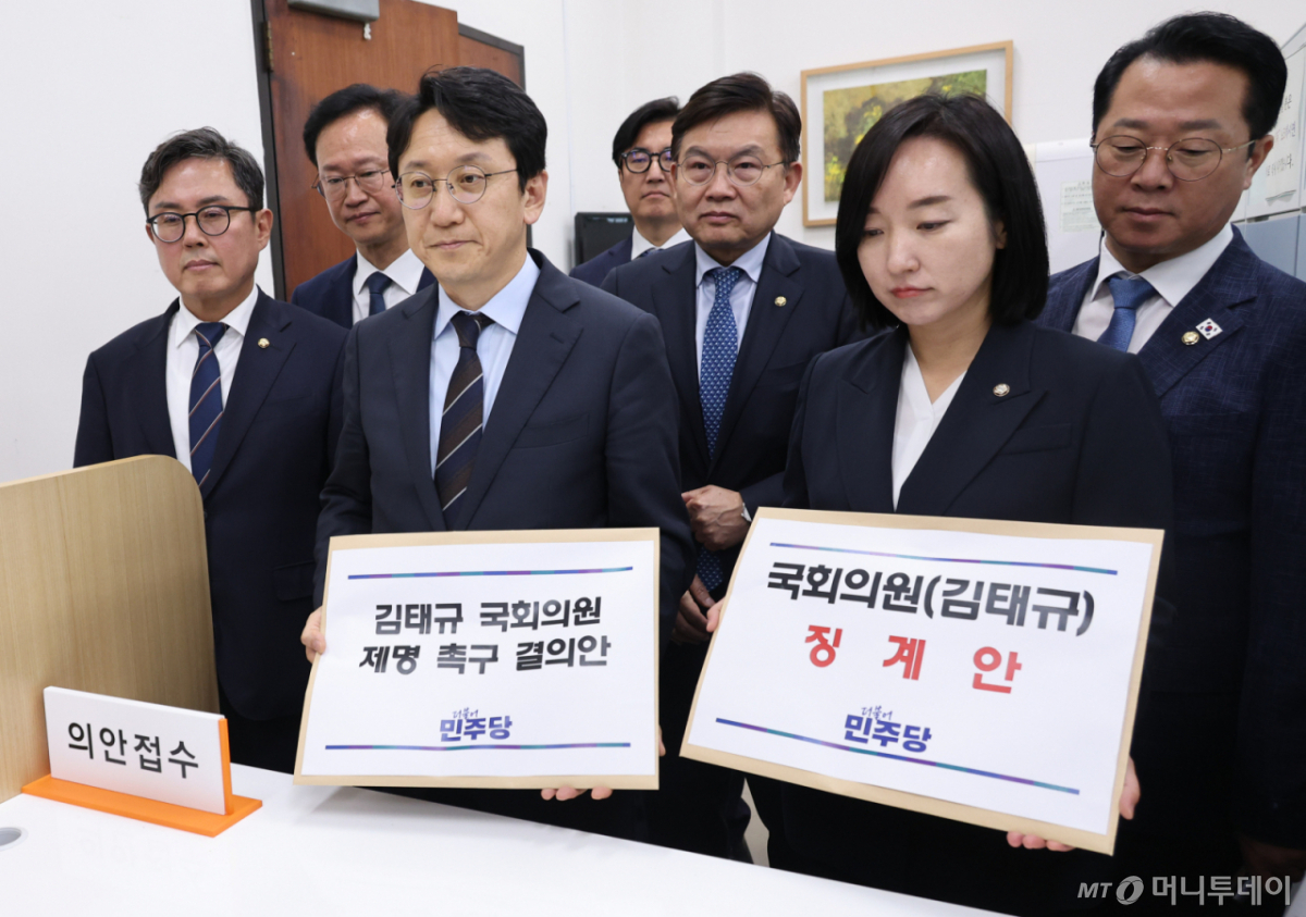 천준호 원내운영수석부대표를 비롯한 더불어민주당 의원들이 1일 여의도 국회 의안과에서 김태규 국회의원 제명 촉구 결의안 및 징계안을 제출하고 있다./사진=뉴시스