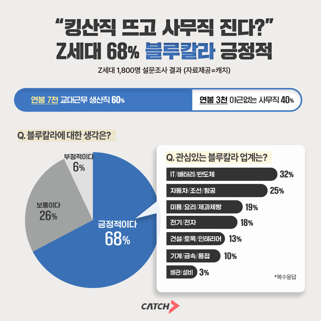 진학사 캐치 설문조사 결과, 블루칼라에 대한 긍정적인 평가가 68%로 나왔다. /사진=캐치