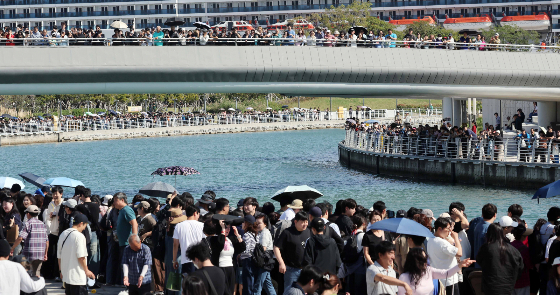 4일 부산 동구 북항 친수공원 경관수로 일대에 상어 '부캉이'를 보기 위해 몰려든 시민들로 북적이고 있다. /사진=뉴시스