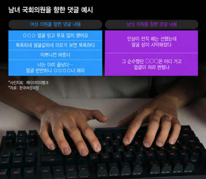 남녀 국회의원을 향한 댓글 예시/그래픽=윤선정