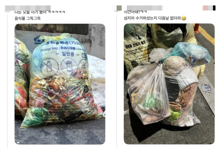 댓글에는 부적절한 쓰레기 배출 사례를 담은 사진도 올라왔다. 한 네티즌은 "나는 오늘 이거 봤어. 음식물 그득그득"이라며 일반용 종량제봉투 사진을 공유했다. 봉투 안에는 과일과 과일 껍질, 채소 등 음식물로 보이는 쓰레기가 가득 담겨 있었다./사진=스레드