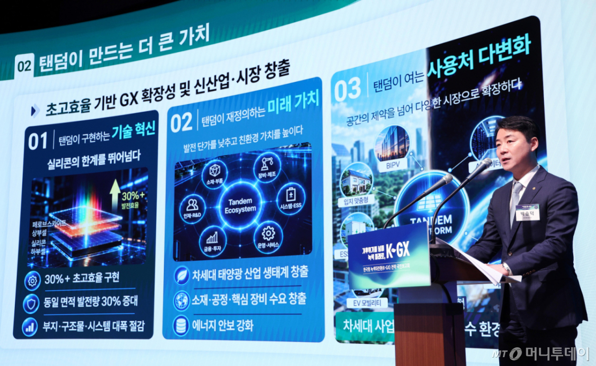 [서울=뉴시스] 김진아 기자 = 박승덕 한화솔루션 큐셀부문 대표이사 사장이 7일 서울 시내 한 회의장에서 열린 한국형 녹색대전환(K-GX) 전략 국민보고회에서 태양전지 기술 국산화 및 글로벌 도약과 관련해 발표하고 있다. 2026.10.07. bluesoda@newsis.com /사진=