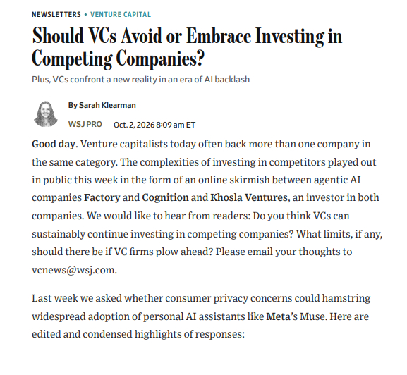 월스트리트저널(WSJ)이 지난 2일 발행한 VC뉴스레터. 'VC는 경쟁 기업에 대한 투자를 피해야 할까, 적극적으로 받아들여야 할까?'라는 제목으로 팩토리와 코그니션 간 갈등을 조명하며 VC 업계의 중복 투자와 이해상충 문제를 제기했다. /사진=WSJ 홈페이지 캡처