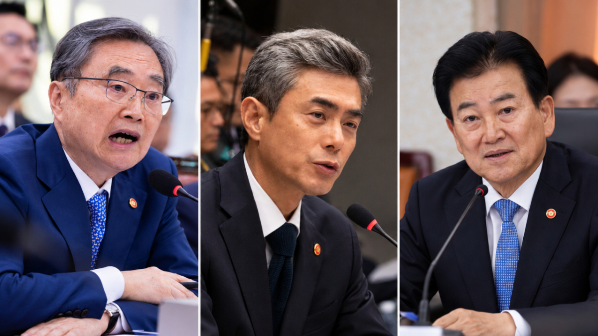 왼쪽부터 조현 외교부 장관, 강신철 국방부 장관, 정동영 통일부 장관. /사진제공=뉴스1. 챗GPT 콜라주.