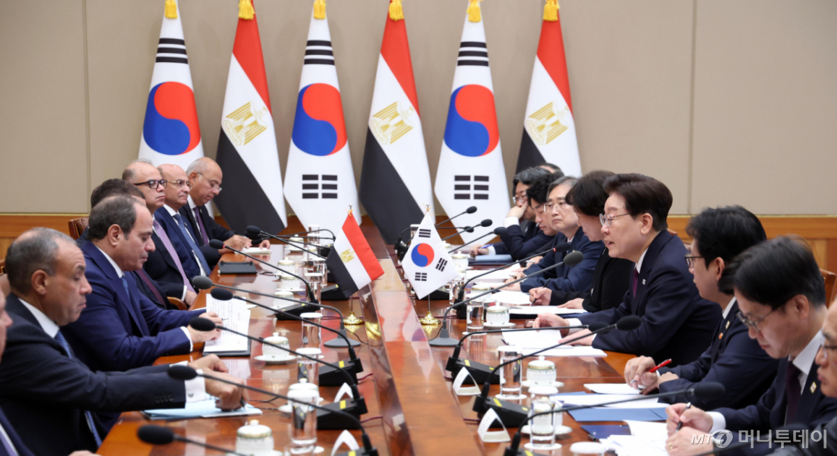 [서울=뉴시스] 김진아 기자 = 이재명 대통령이 8일 청와대에서 열린 압델 파타 알시시 이집트 대통령과의 확대 회담에서 발언하고 있다. 2026.10.08. bluesoda@newsis.com /사진=