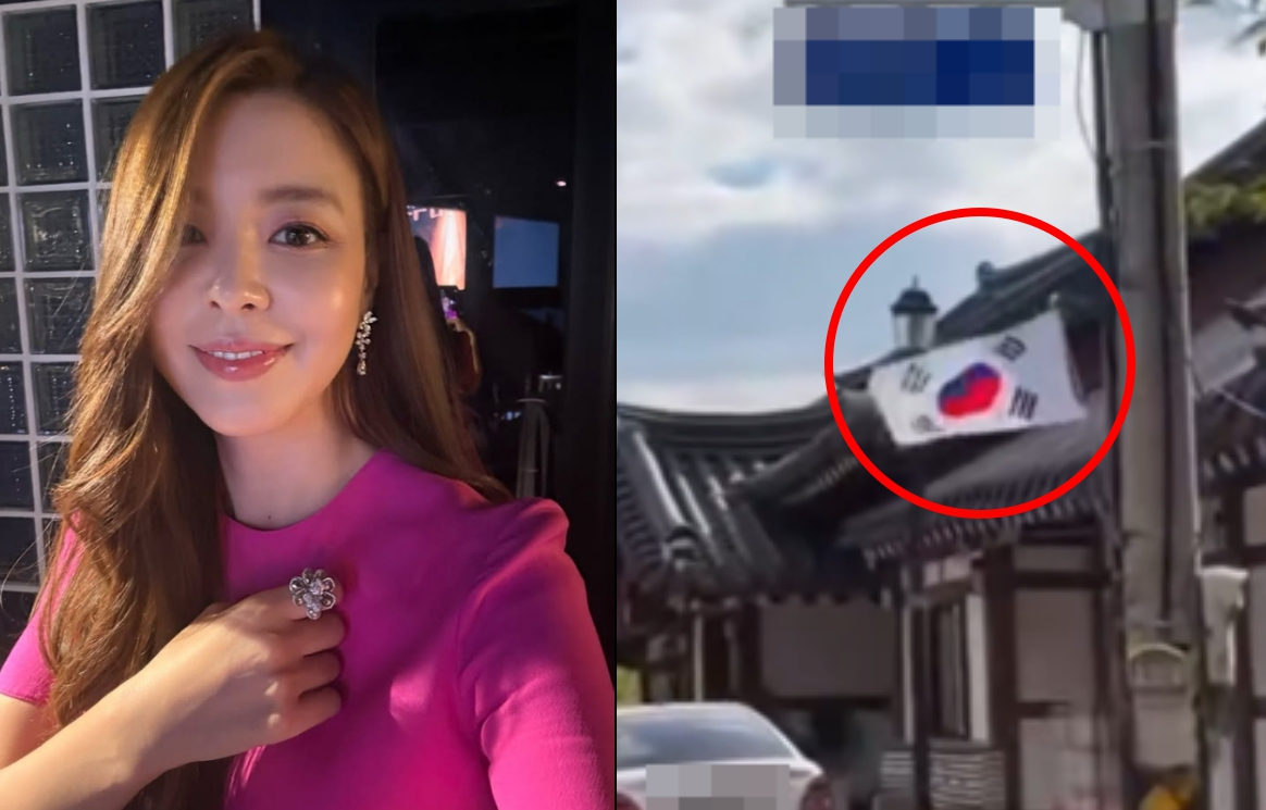 배우 김규리가 자신이 운영하는 카페 앞에 '거꾸로 걸린 태극기'를 두고 논란이 일자 명예훼손 처벌 규정을 언급하며 경고했다. 오른쪽 사진은 온라인 커뮤니티에서 확산된 김규리 카페 앞 거꾸로 걸린 태극기 모습./사진=김규리 SNS, 온라인 커뮤니티 화면 갈무리.