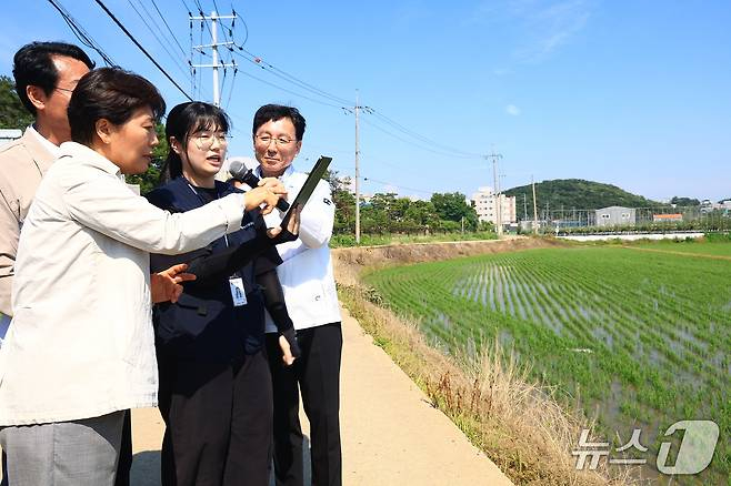 농림축산식품부는 6월11일 경기 화성시 팔탄면 행정복지센터에서 송미령 장관 주재로 농지 전수조사 추진 상황을 점검하고, 농업인·지자체·농지조사원들과 간담회를 했다고 밝혔다. 송 장관(왼쪽)이 직접 전수조사 현장을 둘러보고 있다. /사진제공=농식품부