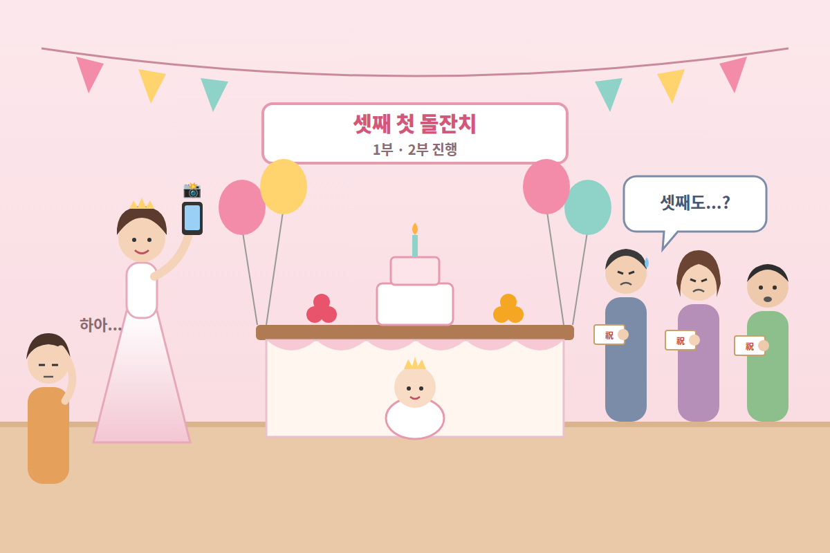 생성형 인공지능 클로드로 만든 삽화. 셋째 아이 돌잔치를 지인까지 불러 성대하게 치르겠다는 동생 때문에 고민하는 한 누리꾼의 사연이 공감을 얻고 있다.