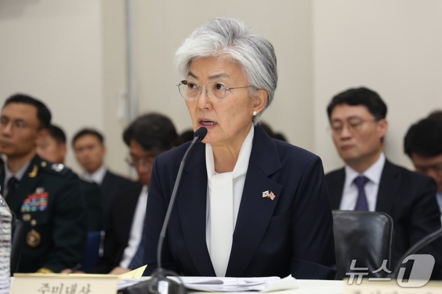 강경화 주미대사가 12일(현지시간) 미국 워싱턴DC 주미대사관에서 열린 국회 외교통일위원회 국정감사에서 질의에 답변하고 있다. /사진=뉴시스