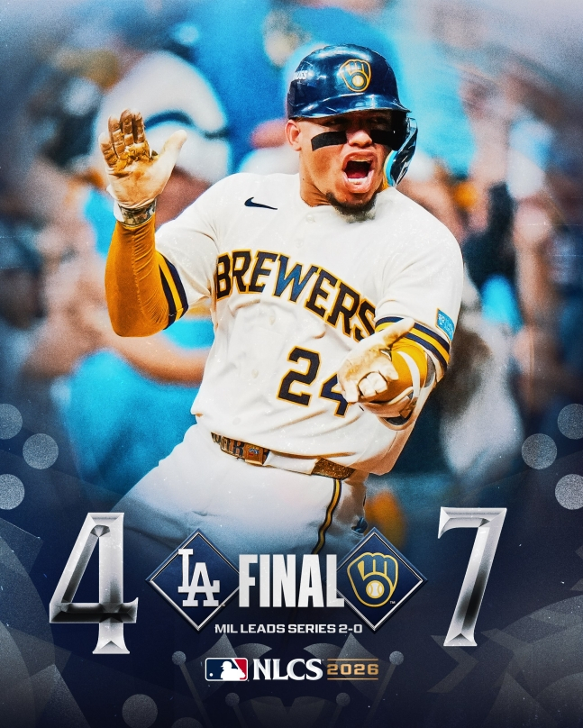 일워키 브루어스가 13일 미국 위스콘신주 밀워키 밀러파크에서 열린 LA 다저스와 2026 MLB 포스트시즌 NLCS(7전 4선승제) 2차전에서 다저스를 7-4로 꺾었다. /사진=MLB 공식 SNS 갈무리