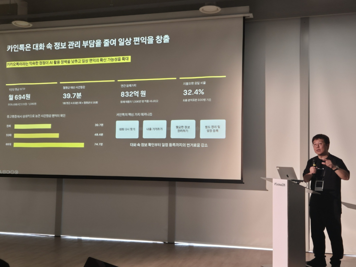 A scene of Lee Cheol-ho, a Technology Gyeong Yeong-hak-bu (Prof.) at KAIST, announcing that the social value generated by Kakao AI services reached approximately 550.6 billion won this year /Photo=Kakao