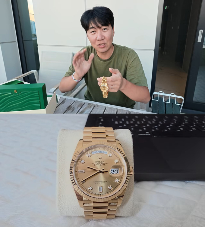 아나운서 출신 방송인 도경완이 지난달 아내인 가수 장윤정의 시계 컬렉션을 공개했다. 사진은 롤렉스 데이-데이트 36 옐로 골드 제품의 모습이다. /사진=유튜브 채널 'SHW 생활인의 시계' 영상