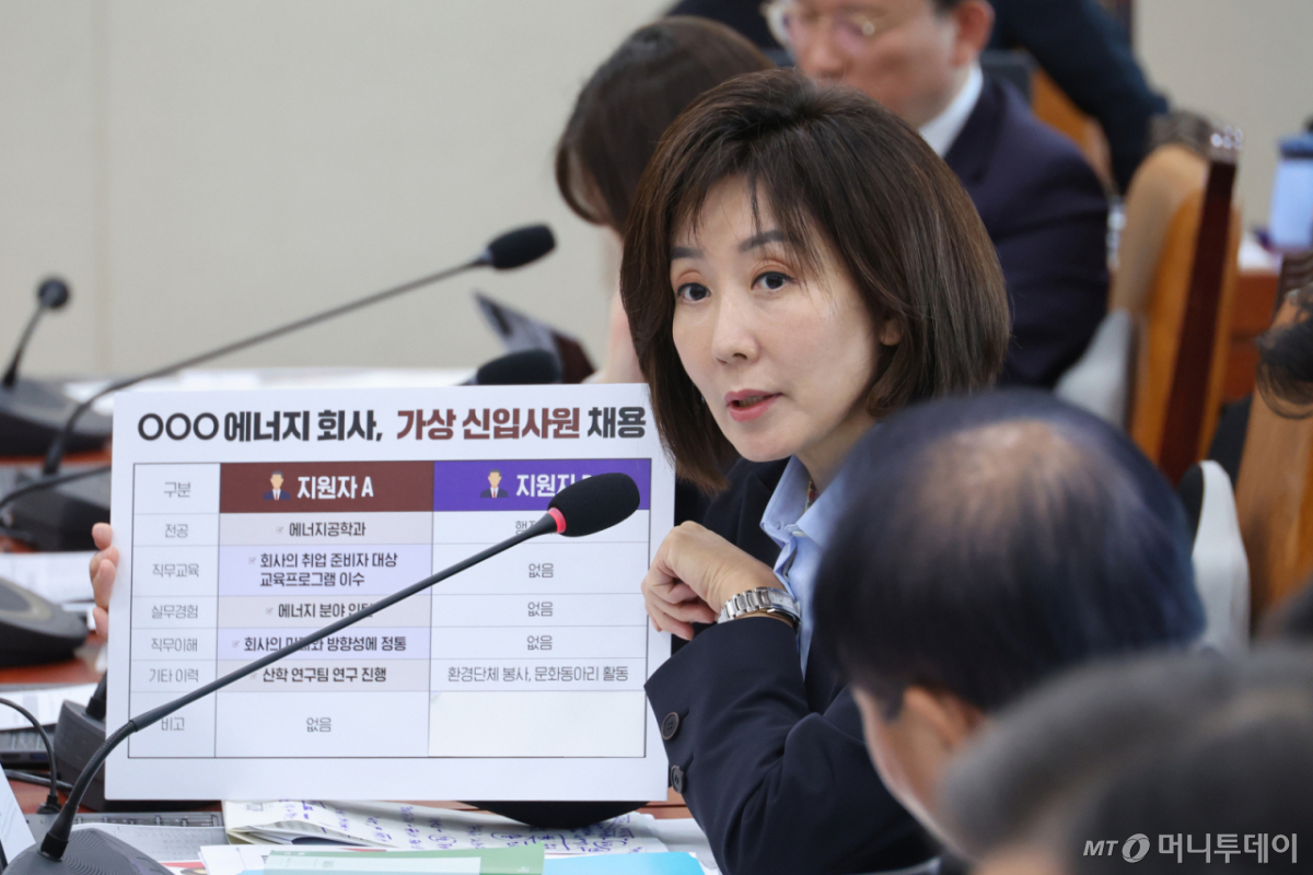 (서울=뉴스1) 신웅수 기자 = 나경원 국민의힘 의원이 6일 서울 여의도 국회에서 열린 기후에너지환경노동위원회의 기후에너지환경부에 대한 국정감사에서 질의하고 있다. 2026.10.6/뉴스1 Copyright © 뉴스1. All rights reserved. 무단 전재 및 재배포, AI학습 이용 금지. /사진=(서울=뉴스1) 신웅수 기자