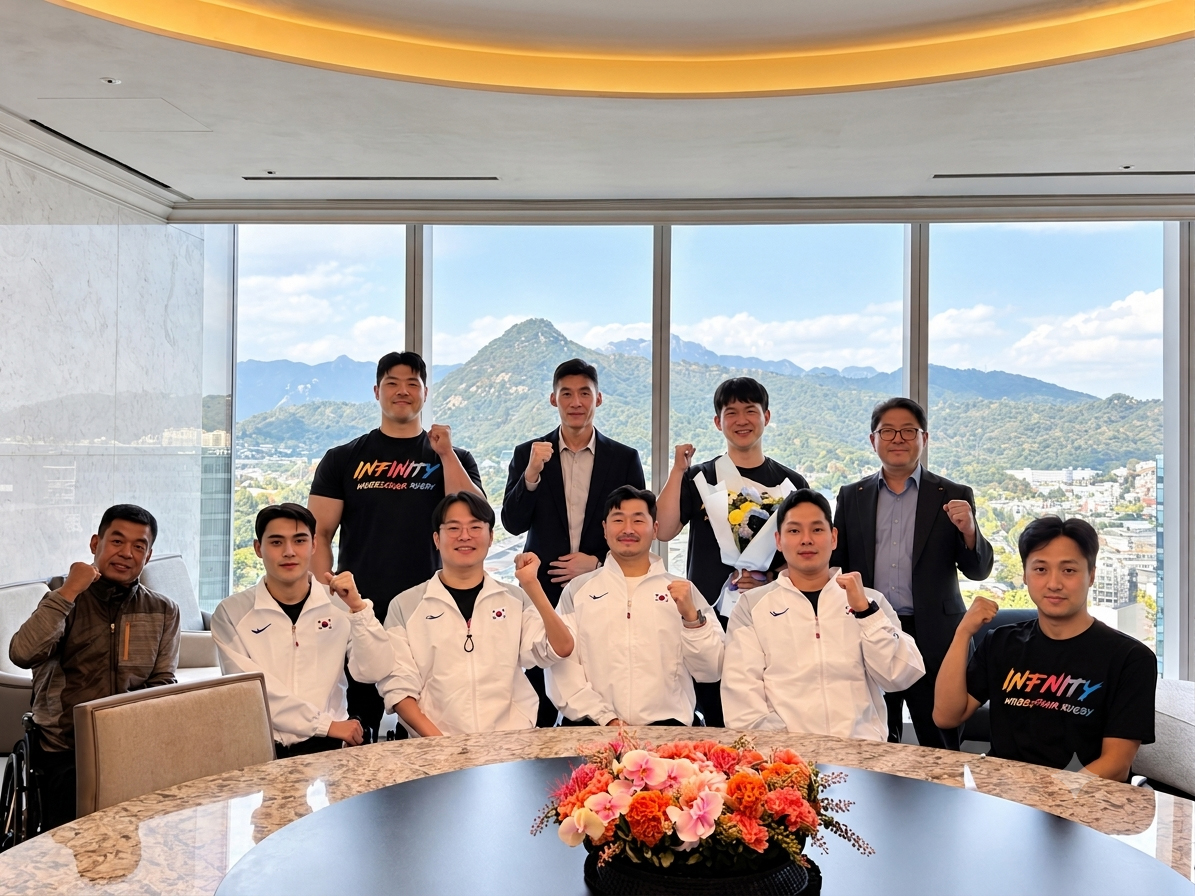 13일 서울에서 열린 아시안패러게임 출정식에서 선수단과 한화비전 관계자들이 선전을 다짐하며 기념촬영을 하고 있다./사진제공=한화비전