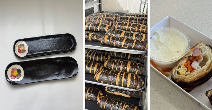 김밥 모양 그릇(왼쪽부터)과 김밥 모양 빵인 '김빵', 김빵의 단면과 소스 모습. /사진=뉴시스(SNS 갈무리)