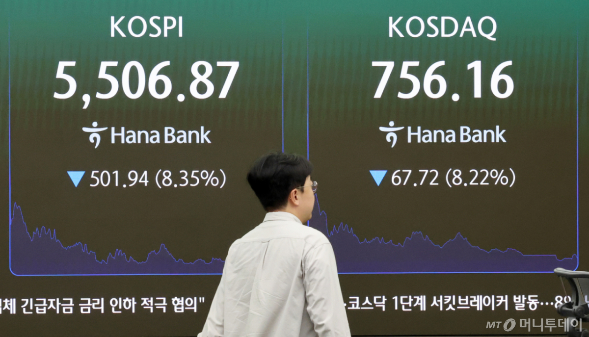 (서울=뉴스1) 박세연 기자 = 코스피와 코스닥에 서킷브레이커가 발동된 15일 15일 오후 서울 중구 하나은행 본점 딜링룸 전광판에 코스피와 코스닥 시황이 표시되고 있다. 2026.10.15/뉴스1  Copyright © 뉴스1. All rights reserved. 무단 전재 및 재배포,  AI학습 이용 금지. /사진=(서울=뉴스1) 박세연 기자