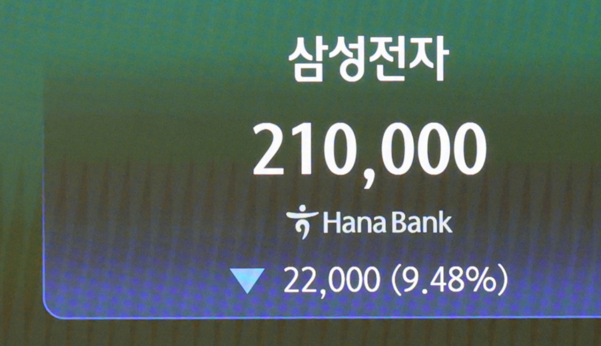 15일 오후 서울 중구 하나은행 본점 딜링룸 전광판에 삼성전자 종가가 표시되고 있다/사진=뉴스1