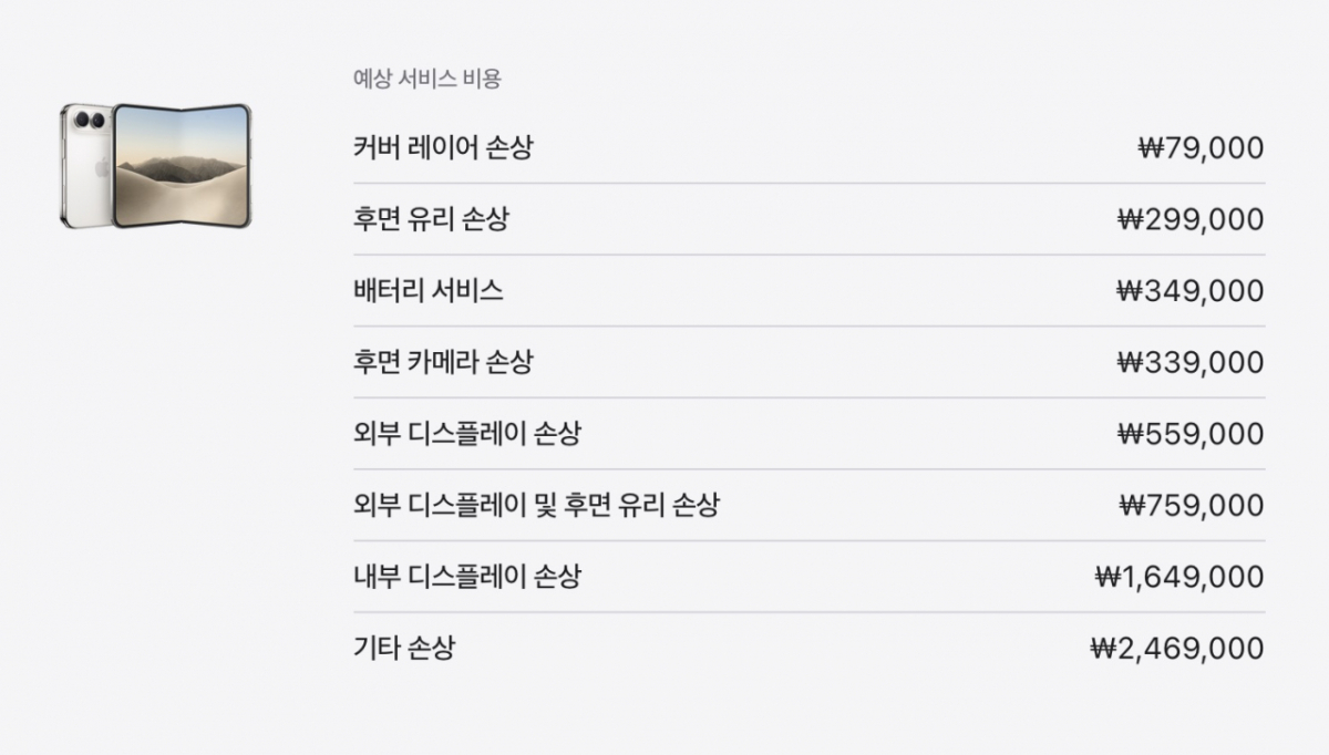 애플 폴더블 스마트폰 아이폰 듀오 수리비 안내 화면. /사진=애플
