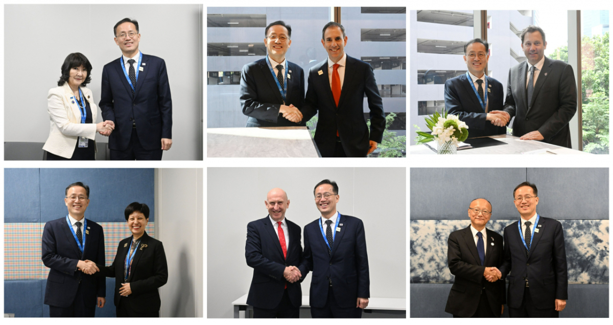 태국 방콕에서 열리고 있는 주요20개국(G20) 재무장관회의에 참석 중인 이형일 부총리 겸 재정경제부 장관이 지난 15일 하루에 소화한 양자면담. 사진 위 왼쪽부터 시계방향으로 일본 재무장관, 호주 재무장관, 독일 재무장관, 아시아개발은행(ADB) 총재, 영국 재무장관, 싱가포르 재무부 제2장관과의 양자면담 사진 /사진제공=재정경제부